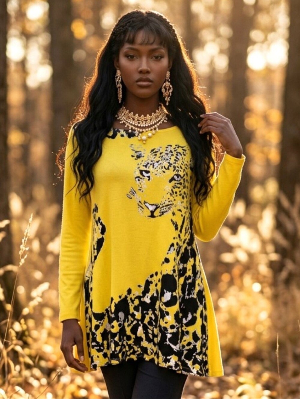 💛🐆 DIANE GILMAN DG2 Yellow Jaguar Leopard Asymmetric Graphic Tunic Top L NWOT